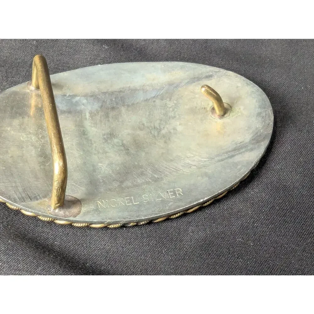Vintage Western Belt Buckle Roping Cowboy Motif Nickel Silver Gold Tone 3.5 Inch